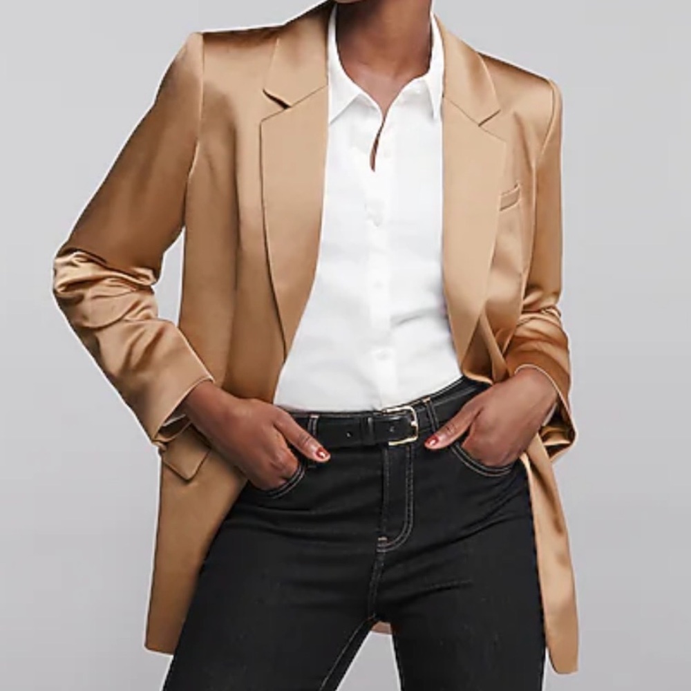 Express Satin Blazer Tan Champagne Open Front Single Button Women’s Size XS